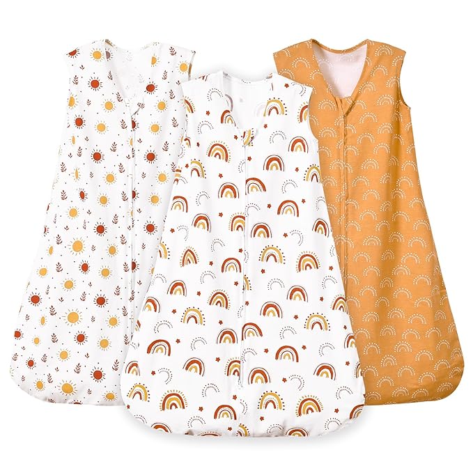 PHF Soft Baby Sleep Sack 12-18 Months 100% Cotton Wearable Blanket, 2-Way Zipper 0.5 TOG Toddler Sleeping Sack 3 Pack, Comfy Sleep Bag for Baby Boys Girls, Rainbow (Large)