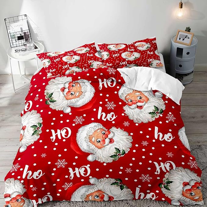 LUVIVIHOME 2PCS Santa Claus Duvet Cover Twin Bedding Sets, Red Duvet Cover, Christmas Bedding, Polka Dot Snowflake Holiday New Year Xmas Gifts Christmas Comforter Bedspread Quilt Cover, 1 Pillow Case