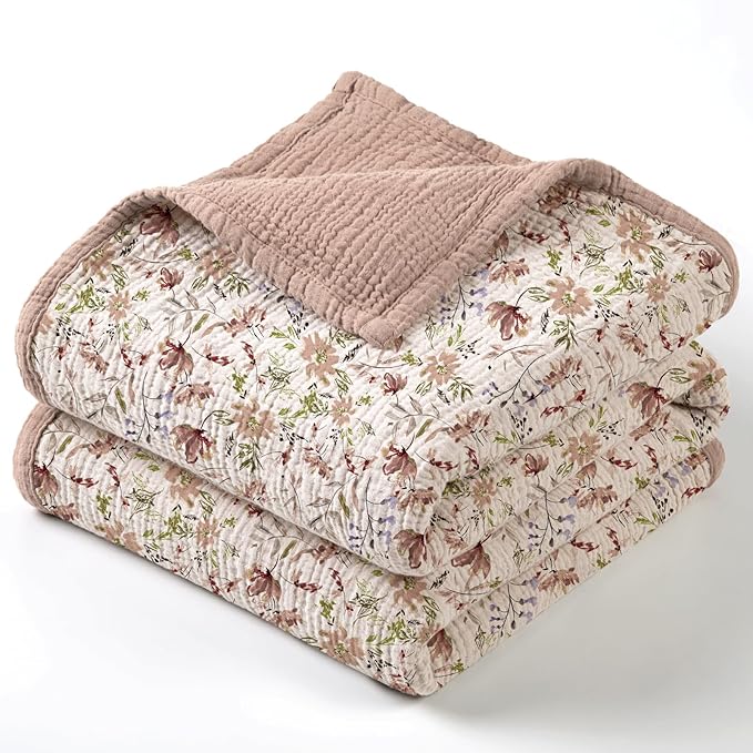 lulumoon Muslin Blanket Baby for Girls: Cotton Crib Blanket with Wildflowers - Soft Lightweight for Daycare 47"x47"（Sand Floral）