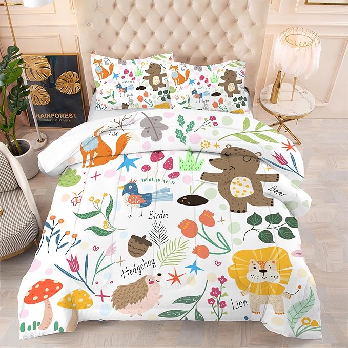 Comforter Set Cartoon Animals: Queen Size Cute Bedding Set for Kids Teen Girls Toddler Boys Kawaii Fox Bear Lion Flowers Soft Quilt Duvet Bed Sets 1 Comforter & 2 Pillowcases