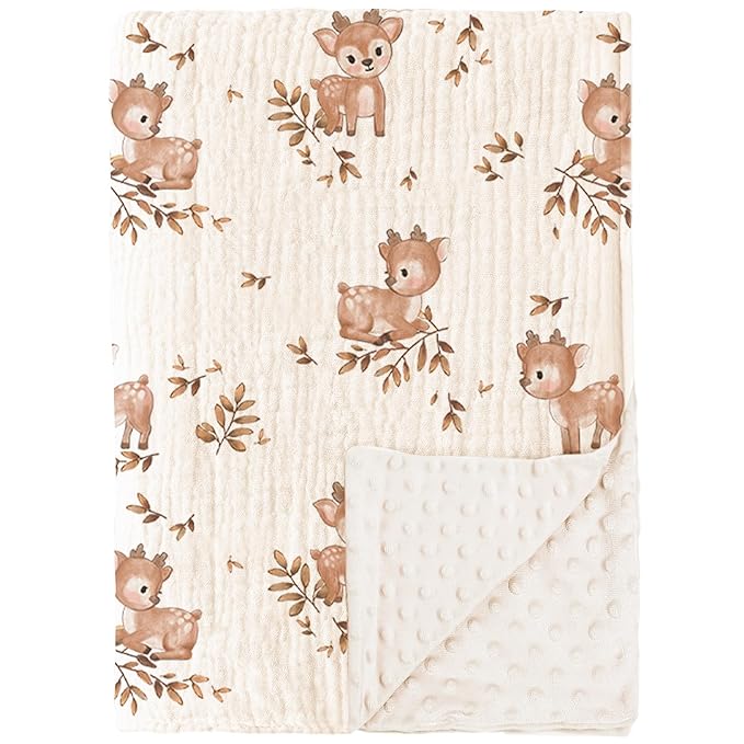Konssy Baby Blankets for Unisex Boys Girls, Super Soft Nursery Minky Blankets with Muslin Cotton Front and Dotted Fleece Backing, Printed Bed Throws Newborn