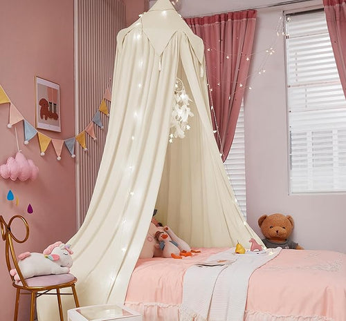 Akiky Kids Bed Canopy with Tassels Natural Crib Canopy with Light for Reading Nook Play Tent Hideaway Hanging Tent Nursery Room Decoration