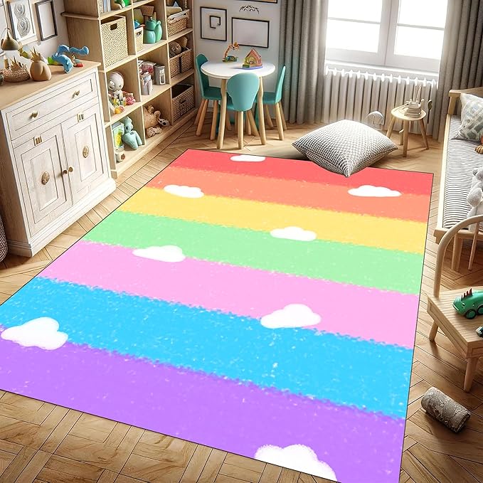 Soft Rainbow Area Rugs Girl's Bedroom Fluffy Colorful Rugs Cute Floor Mats Furry Children's Play Mats White Cloud Rainbow Prints Living Room Kids Room Nursery Home Decor 4x6ft