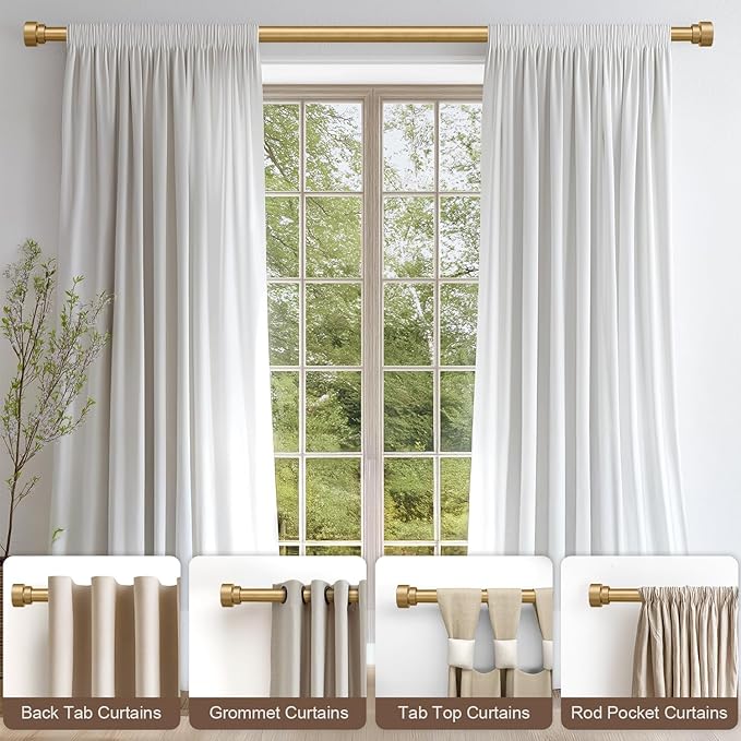 2 Pack Modern Gold Curtain Rods Set for Windows 28 to 48 Inches Adjustable Length Heavy Duty 1" Diameter Window Curtain Rod with Decorative Finials for Outdoor Bedroom Kitchen Living Room