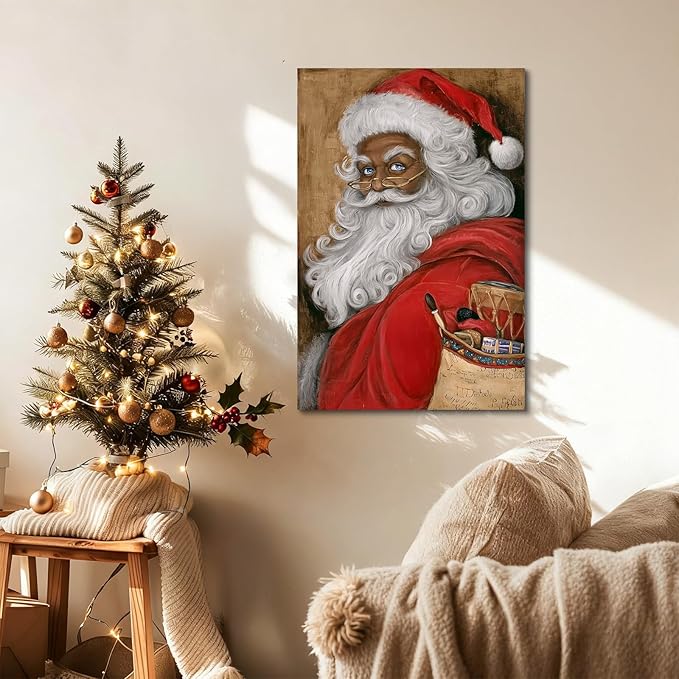 YONICA Christmas Canvas Wall Art Vintage Santa 20x30 Inch Retro Gift Bag with Toys - Large Framed Gallery Wrapped Traditional Decor