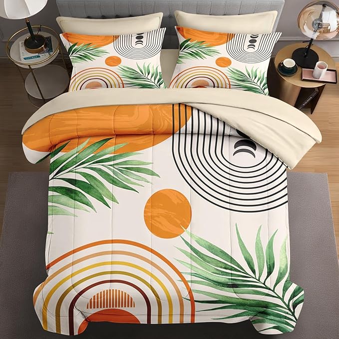 7 Pcs Full Size Comforter Set with 2 Pillowcases & 2 Shams, Contemporary Mid Century Bedding for Kids and Adults, Rainbow Sun Boho Geometric Bed in a Bag with Flat Fitted Sheet