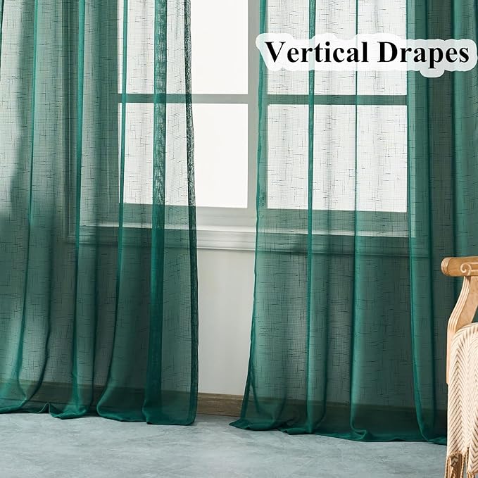 Emerald Green Curtains Sheer 108 Inch Long, Dark Linen Look Textured Light Filtering Drapes, Hunter Green Transparent Window Decor, Floor to Ceiling Pinch Pleat Curtain with Hooks