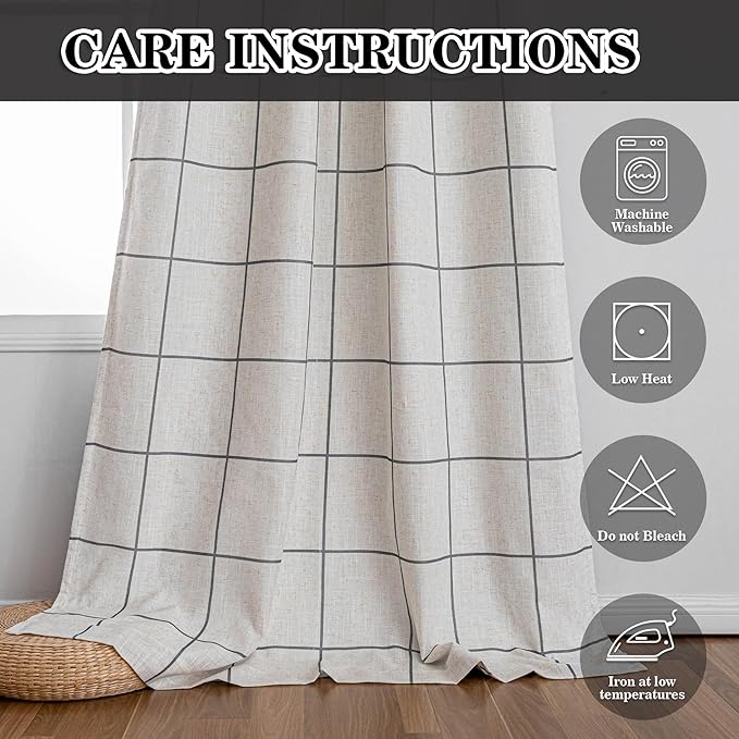 MYSKY HOME 100% Blackout Plaid Linen Curtains 90 Inches Long Double Layer Farmhouse Thermal Insulated Checkered Patterned Drapes Rod Pocket Back Tab for Living Room Dining Room, 2 Pcs, W52, Deep Grey