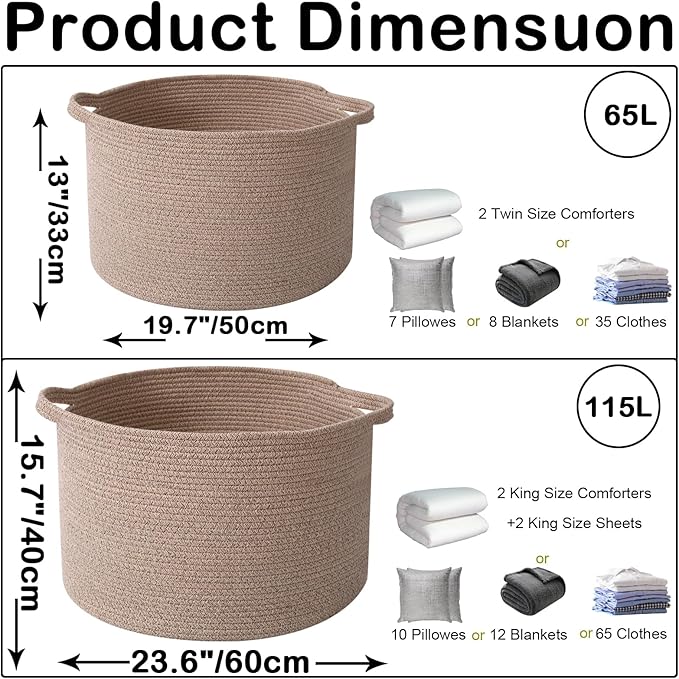 Large Blanket Basket for Organizing,115L Closet Organizers and Storage Bins Box for Shelves Woven Rope Storage Baskets,Living Room,Bedroom,Dorm,Laundry room (Brown)