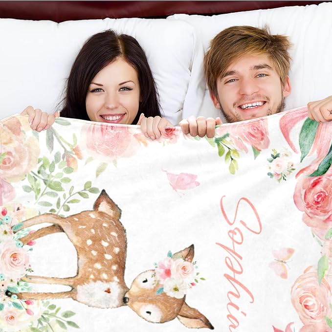 Personalized Deer Baby Blanket for Girl, Custom Name Blanket for Newborn Girl, Soft Flannel Toddler Blanket Customized Gift for Birthday Christmas Baby Shower 30" X 40"