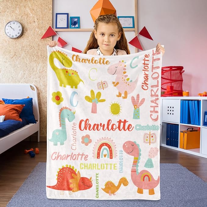 Personalized Dinosaur Blanket with Name for Girl, Custom Name Blanket for Kids, Soft Flannel Pink Dinosaur Toddler Blanket Customized Gift for Birthday Christmas Baby Shower Newborn Gift 30" X 40"