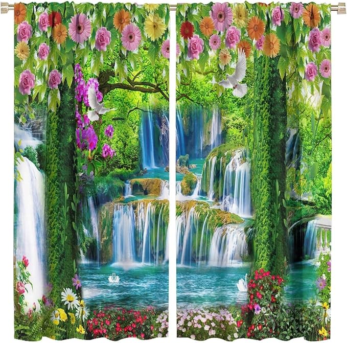 Jungle Nature Blackout Window Curtains, Trees Scenic Waterfall and River Spring Pattern Print Window Drapes, for Living Room Bedroom 42x54in 2 Panels