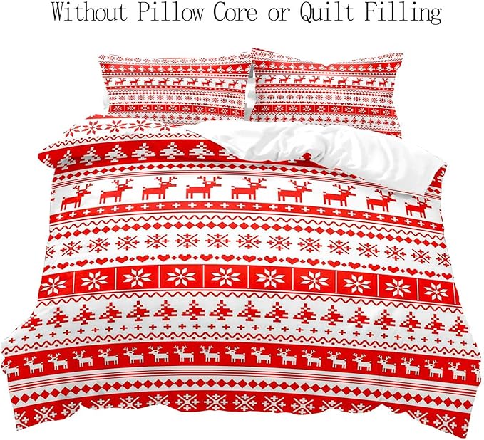 LUVIVIHOME 3PCS Christmas Duvet Cover Queen Bedding, White Red Duvet Cover, Reindeer Snowflake Poinsettia Christmas Tree Holiday New Year Xmas Striped Comforter Quilt, 2 Pillow Shams