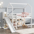 Flieks Twin Size Wood House Loft Bed Frame for Boys Girls Kids Adults Toddler with Slide, Storage Shelves and Light, White
