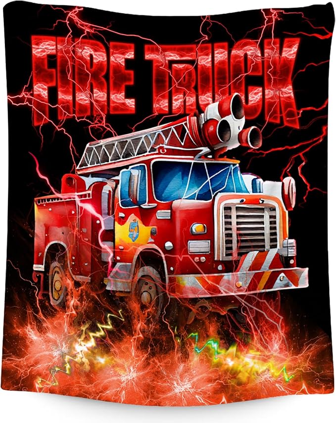 Kids Blanket Fire Truck Gifts for Toddler Boys Son, 60"x80" Fleece Soft Cozy Car Theme Throw for Bed Living Room