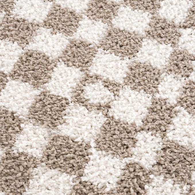 Hauteloom Kieu Contemporary Checkered Fluffy Shag Area Rug - Modern Geometric Soft Carpet Tiles for Living Room, Kids Room, Nursery - Gray, Taupe, White - 7'10" x 10'