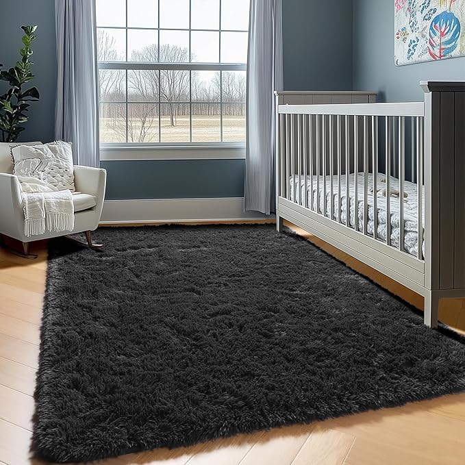 ONASAR Black 6x9 Area Rugs for Living Room Bedroom, Large Fluffy Washable Soft Plush Floor Big Indoor Shaggy Carpet for Kids Girls Boys Teen Dorm Home Nursery Playroom Decor Aesthetic