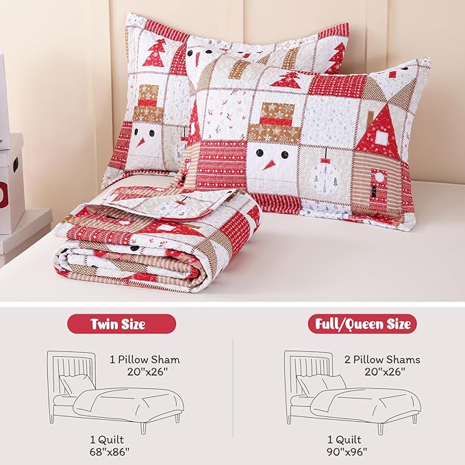 JSD 2 Pcs Kids Christmas Quilt Set Twin Size, Patchwork Christmas Bedding, Soft Microfiber Bedspread Coverlet Holiday Quilted Blanket