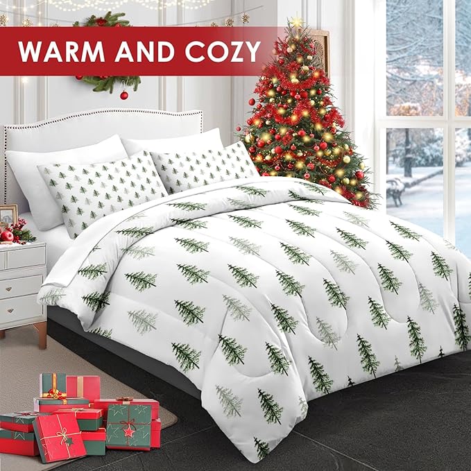 7 Pcs King Size Christmas Comforter Set with 2 Pillowcases & 2 Shams, Nature Simple Pine Tree Bedding for Kids and Adults, Winter Merry Xmas Bed in a Bag with Flat Fitted Sheet