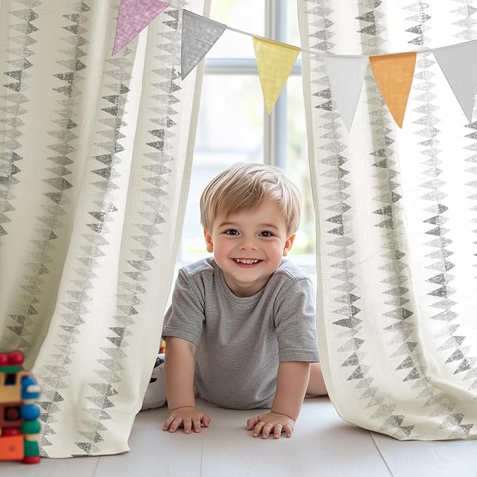 jinchan Linen Nursery Curtains for Living Room Boho Curtains for Bedroom Kids Room 96 Inches Long Geometric Printed Farmhouse Drapes Rod Pocket Window Treatment Curtain Set of 2 Panels Gray