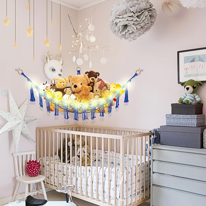 Stuffed Animal Hammock with LED Light, Toy Hammock for Stuffed Animals Storage for Kids Room Decor, Stuffed Animal Hammock Corner, Royal Blue