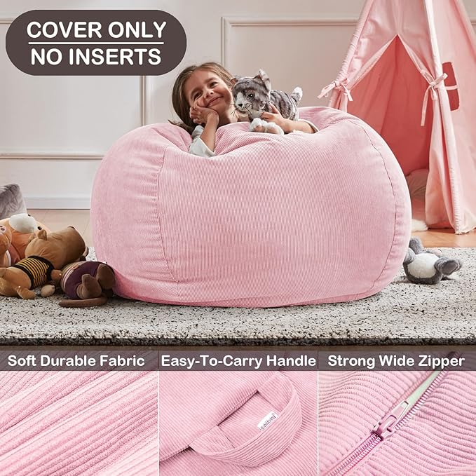 Nobildonna Bean Bag Chair Cover (No Filler) for Kids and Adults,Beanbag Stuffed Animal Storage Without Filling Plush Toys Holder and Organizer Soft Premium Corduroy 200L (Pink)