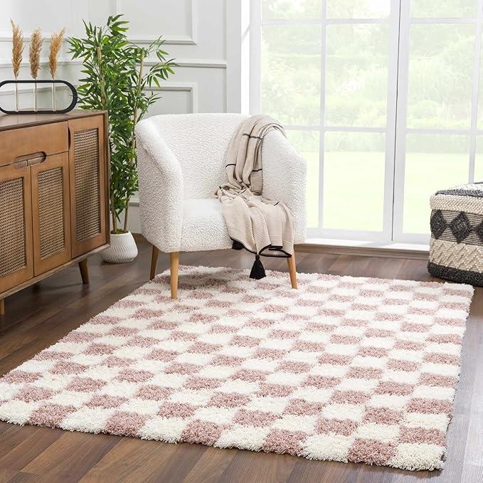 BoutiqueRugs Atira Modern Checkered Shag Area Rug - High Pile Fluffy Shaggy Carpet for Kids Room, Nursery, Living Room - Pink, Cream, White, Blush, Rose - 7'10" X 10'3" (8x10)