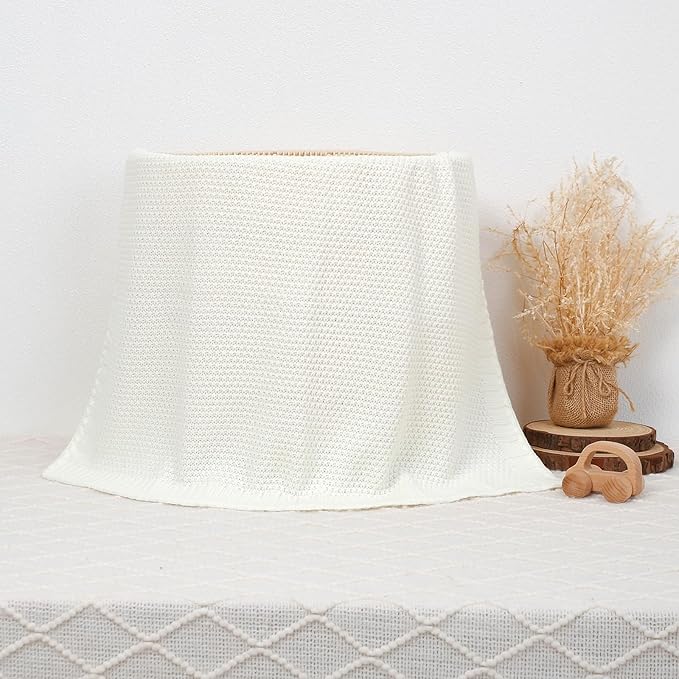 Neiwech Baby Blanket Knit Cozy Soft Lightweight Crib Stroller Nursery Receiving Swaddling Blankets for Newborn Infants Boys Girls White 30x40 Inch