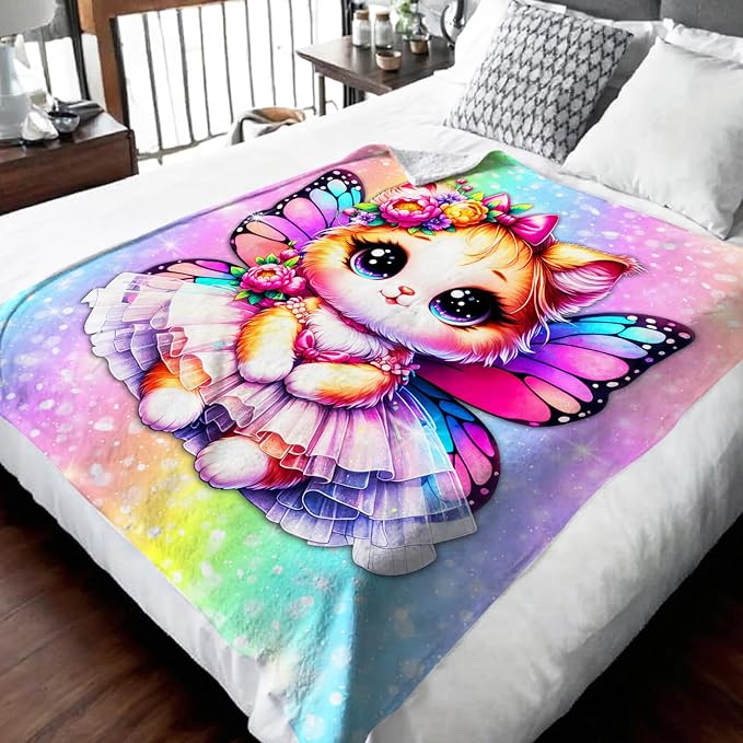 Girls Cat Blanket, Throw for Toddler Kids Daughter Cat Lovers 30x40 Inches Soft Cozy Rainbow Print Throw Blankets for Sofa Couch Bed Travel Cute Birthday Gift