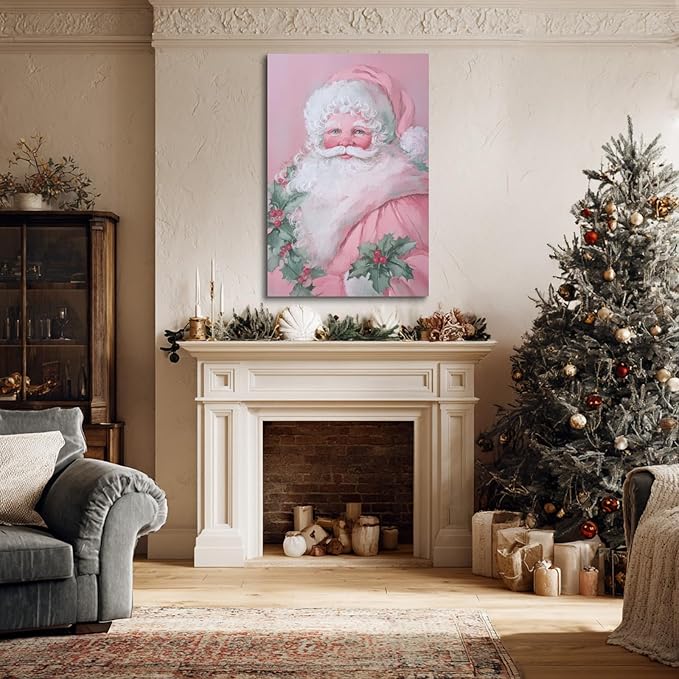 YONICA Christmas Canvas Wall Art Pink Santa 20x30 Inch Soft Pastel Holiday Art for Nursery - Large Framed Gallery Wrapped Kids Room Decor