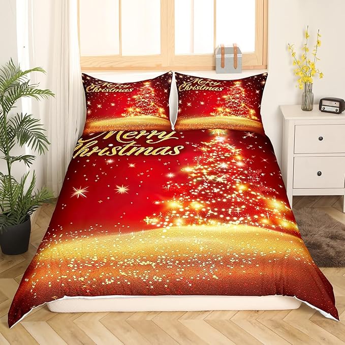Manfei Christmas Tree Duvet Cover Set Twin Size Gold Sparkle Comforter Cover Merry Christmas Bedding Set 2pcs for Kids Boys Girls Western New Year Theme Bedspread Cover with 1 Pillowcase,No Comforter