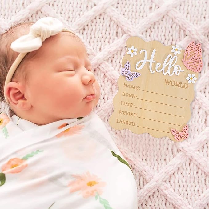 Butterfly Daisy Hello Worid Board - Little Butterfly Birth Announcement Sign, Wooden Hello World Card for Hospitals, Newborn Birth Information Record Board, Daisy Nursery Decorations Photo Props