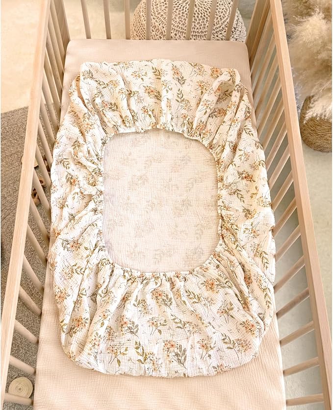 lulumoon Baby Crib Sheets Fitted: Soft Muslin Cotton Sheets for Standard Crib - Olive Floral for Girls 2Pack