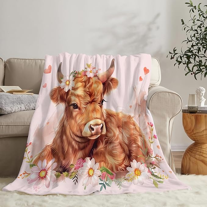 Tijuboni Pink Cow Throw Blanket Highland Cow Gifts for Girls Women Boys Men Kids Adults Soft Flannel Fleece Blanket for Couch Sofa Bed Home Decor 50"x60"
