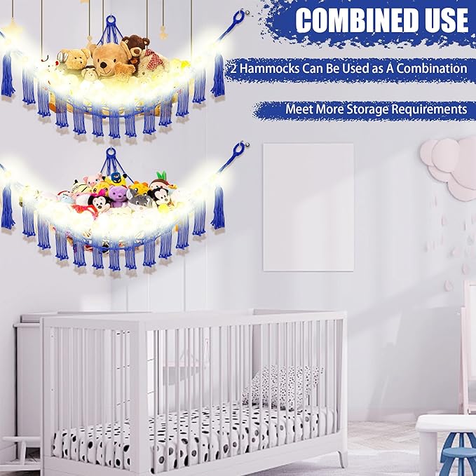 Stuffed Animal Hammock with LED Light, Large Stuffed Animals Storage Corner Plushie Net for Kids Room Decor, Jumbo Royal Blue