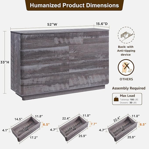 ACCOHOHO Modern 9 Drawer Dresser for Bedroom, 52" Wide Wooden Dressers with Large Storage,Handleless Chest of Drawers TV Stand for Living Room & Hallway, Curved Profile Design, Grey