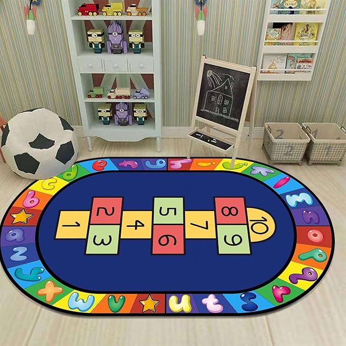 Hopscotch Rug, 4x6ft, Kids Play Oval Rug for Boys & Girls, Colorful Alphabets Educational Game Carpet, Soft Non-Slip Machine Washable Rug for Classroom Toddler Room