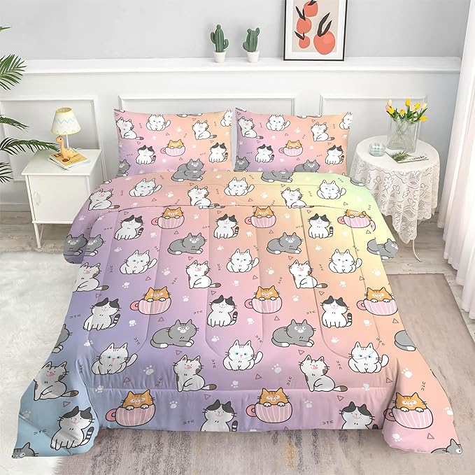 Cat Comforter Set Full: Cat Themed Rainbow Bedding Set Kawaii Colorful Kitten Quilts Pet Cats Bed Sets for Teen Girls Kids Women 1 Comforter & 2 Pillowcases