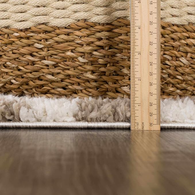Hauteloom Kieu Contemporary Checkered Fluffy Shag Area Rug - Modern Geometric Soft Carpet Tiles for Living Room, Kids Room, Nursery - Gray, Taupe, White - 5'3" x 7'