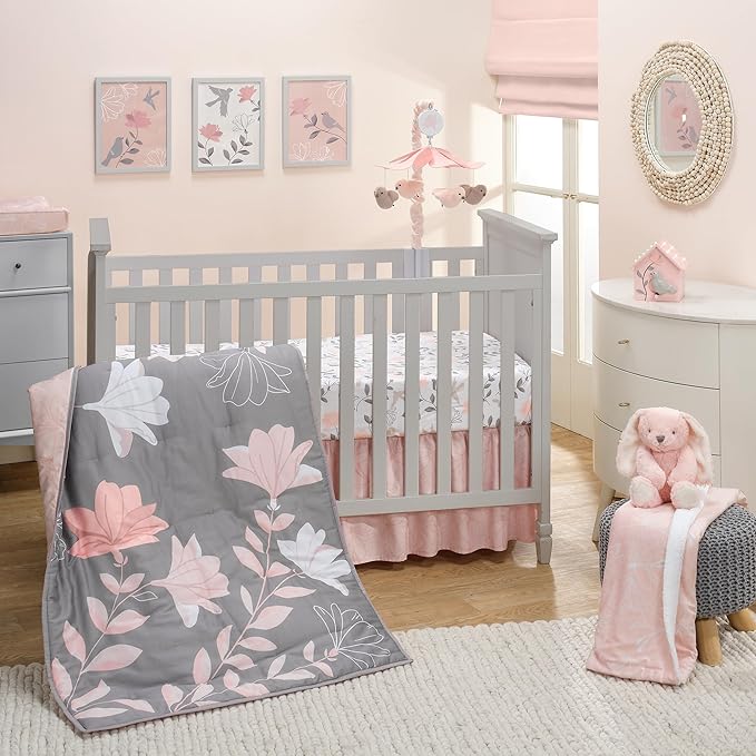 Lambs & Ivy Petals White/Pink/Gray Floral 100% Cotton Fitted Crib/Toddler Sheet
