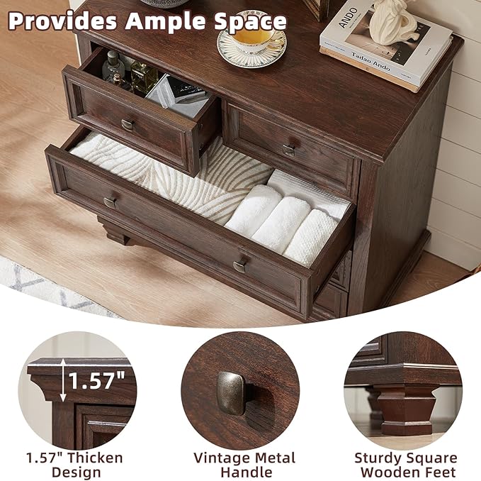 Farmhouse Bedroom Dresser and Nightstand Set of 4, 6 Drawer Low & 5 Drawers Dresser & 3 Drawer Nightstand Set with Wooden Legs, Rustic Wood Furniture for Bedroom, Hallway, Walnut