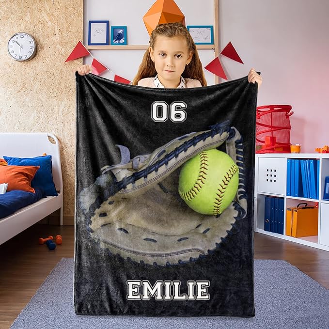 Personalized Baseball Blanket for Baby Kids - Custom Name and Number - Soft Warm and Fluffy Flannel Fabric Gift for Sports Lovers 60x80inch