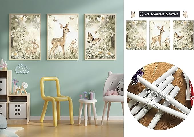 3Pcs Woodland Animal Nursery Canvas Wall Art Cute Forest Animal Wall Decor Pictures Deer and Butterfly Wildflowers Posters Prints for Nursery Bedroom Kids Room Home Decoration Unframed Posters 12X16in