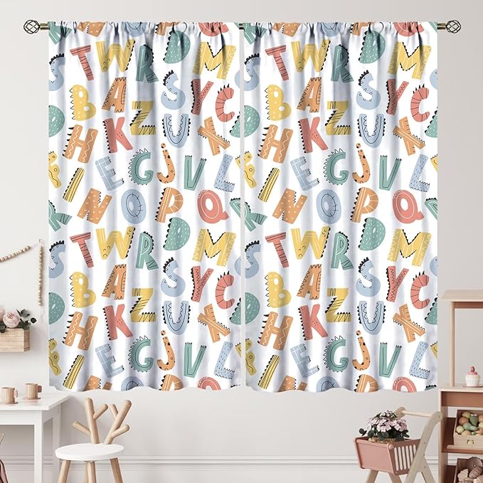 Kids Alphabet Letter Curtains Cute Funny Education Printed Curtain with Rod Pocket for Bedroom Living Room Home Decor Drapes Window Treatments 2 Panels Set 52" W X 84" L