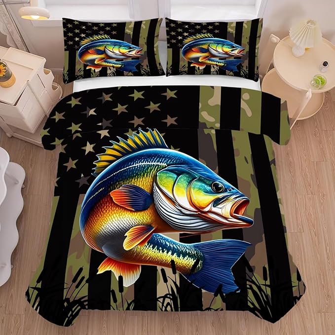 Fish American Flag Comforter Set Full/Queen Size Camouflage Bass Bedding Set for Men Boys Teens Fishing Lover Bedroom Green Farmhouse Bed Set Wild Quilted, 1 Comforter 2 Pillowcases