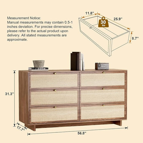 6 Drawer Dresser for Bedroom, 57in Wide Rattan Dresser, Boho Chest of Drawers, Wooden Chest with Clothes Storage Cabinet, Drawer Organizer for Bedroom, Living Room, Hallway, Walnut