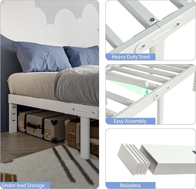 White Bed Frame Queen Size 12 Inch, Metal Queen Bed Frame No Box Spring Needed, Heavy Duty Steel Support 3500 LBS, DIY Headboard, Noiseless, Round Corner Legs, Storage Space, Easy Assembly