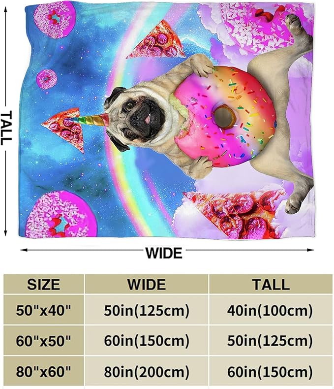 Pug Blanket Funny Pug Gifts for Girls Boys Woman Kids Doughnut Pizza Lover Dog Throw Blankets Soft Blanket Warm Fleece Flannel Plush Blankets for Bed Sofa Couch 60"x80"