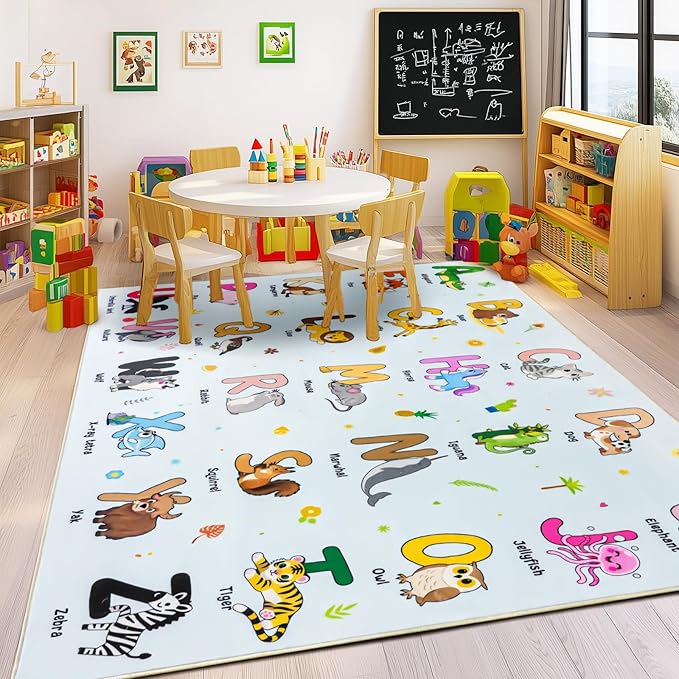 Kids Rugs for Playroom, 7x9 Feet Educational Rug for Learn The ABC Alphabet, Soft Machine Washable Non-Slip Cute Cartoon Animals Carpet for Classroom Toddler Nursery Kids Room Decor, Blue
