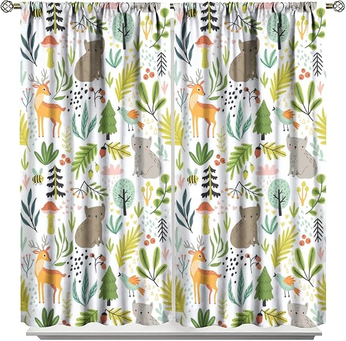Cartoon Forest Kids Blackout Curtains,Cute Woodland Wild Animals Colorful Deer Plants Trees Print Pattern Thermal Insulation Window Drapes for Nursery Boys Girls Bedroom,White Background 55x63in